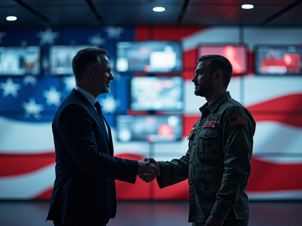 two-men-shaking-hands-in-front-of-flag two-men-shaking-hands-in-front-of-flag